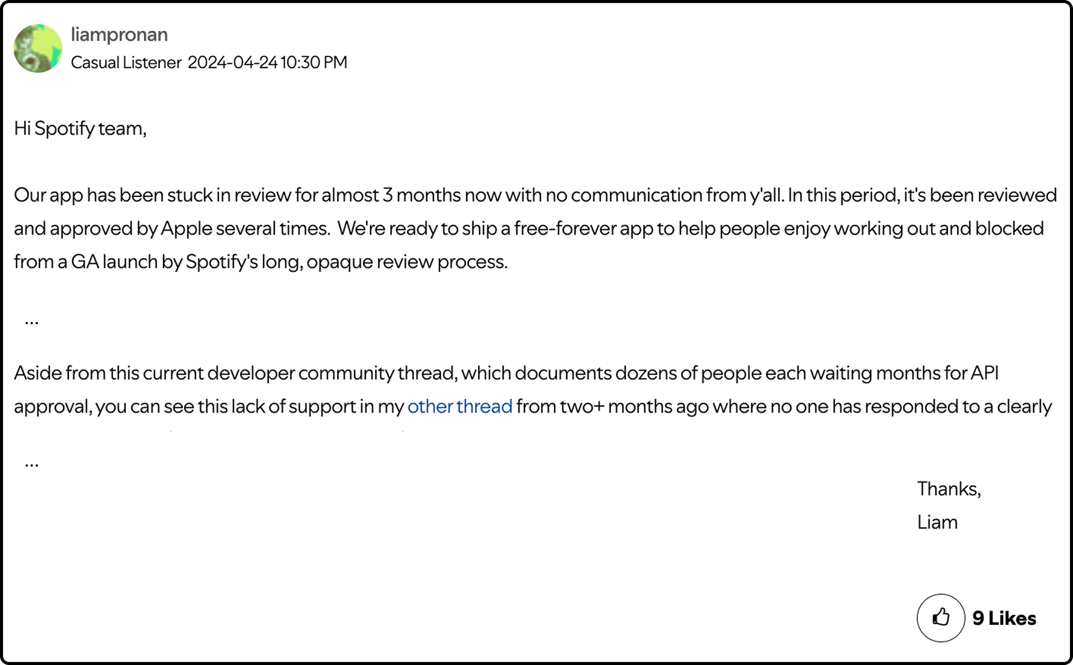 Spotify developer forum post April 2024